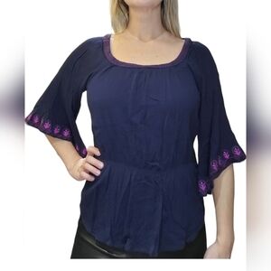 California Moonrise navy embroidered boho bell sleeve blouse size S